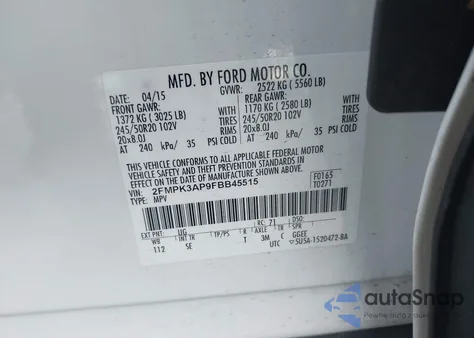 2015 Ford Edge Sport z USA, uszkodzony, nr VIN 2FMPK3AP9FBB45515